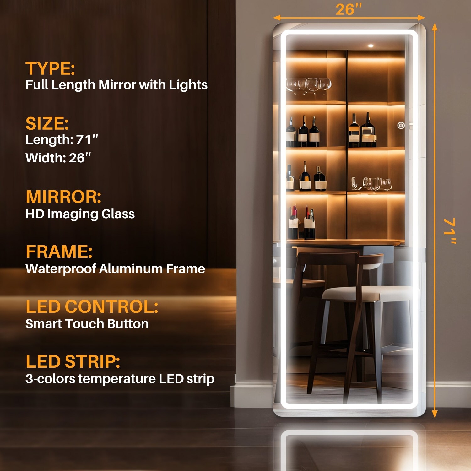 Floor Mirror with LED Light, Full Length Mirror with Stand, Hanging Mirror Wall Mounted Mirror, Full Body Mirror for Living Room