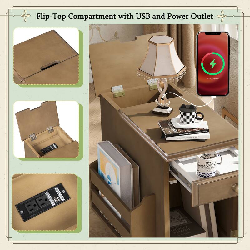 Vintage End Table Flip Top Side Table with USB Ports, One Multifunctional Drawer with cup holders