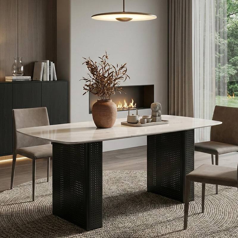 Modern Marble-Patterned Tempered Glass Dining Table, Rectangular Kitchen Table with Dual-Pedestal Metal Base