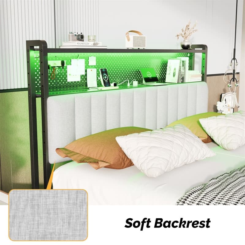 Adjustable Upholstered Headboard with 2 Tier Shelves with Charging Stations and LED Lights, Modern Bed Headboard with Storage