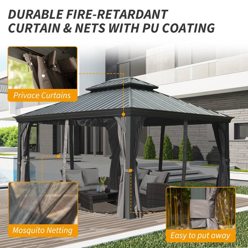 10' X 14' Hardtop Gazebo with Galvanized Steel Roof, Aluminum Frame, Curtains, and Netting for Outdoor Use