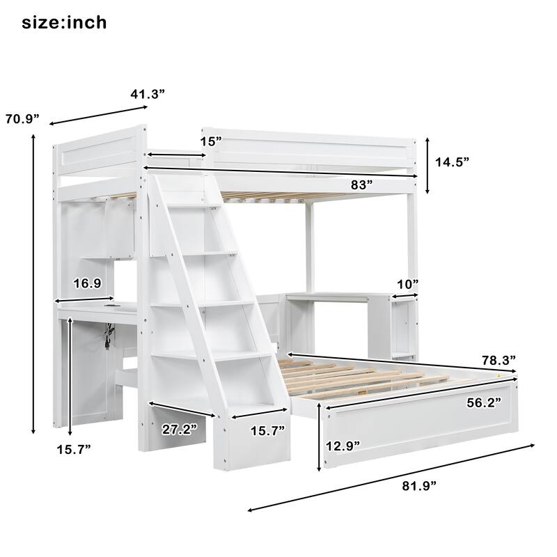 Roomfitters Twin XL Over Full Bunk Bed with Built-In Desk, USB Port and Shelves