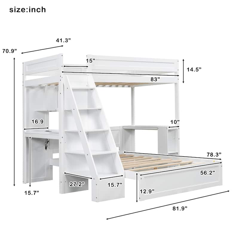 Twin XL Over Full Bunk Bed with Integrated Desk, USB Charging Station & Storage Staircase by Harper&Bright Designs