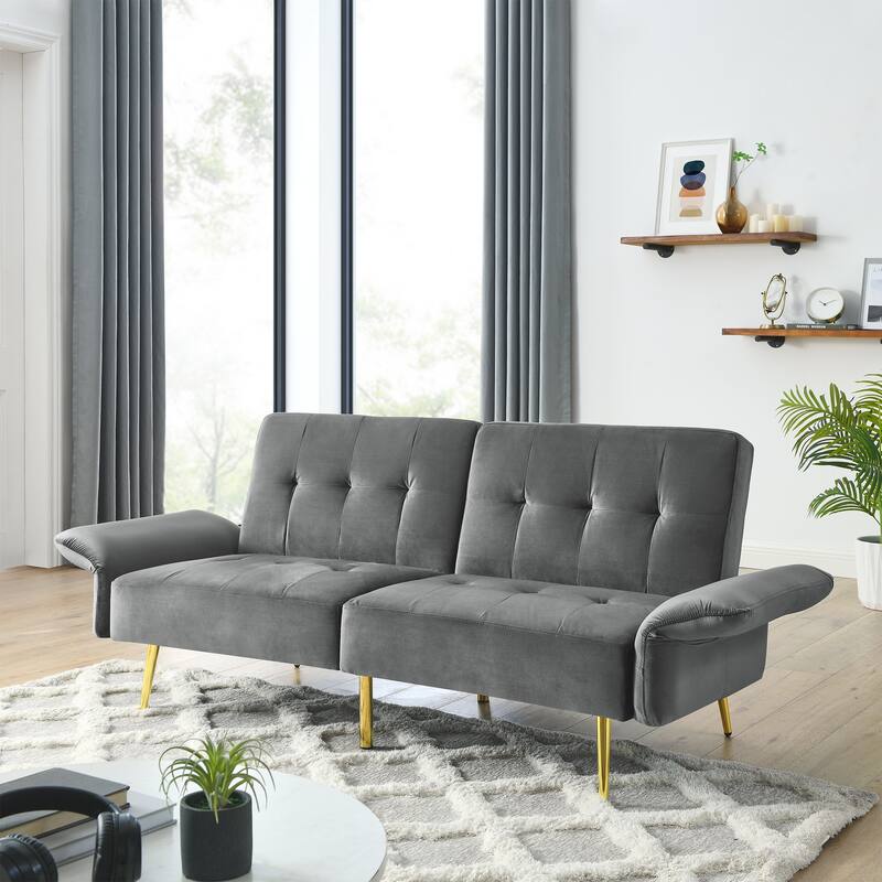 Velvet Futon Sofa Bed with Folded Armrests - Grey