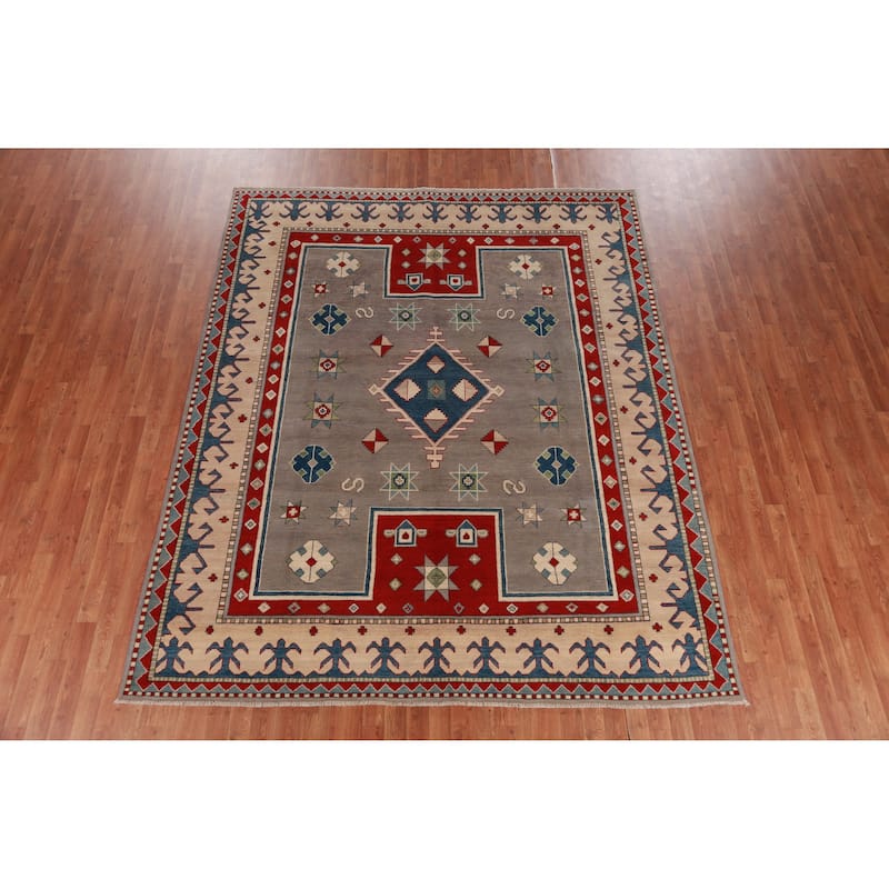Hand Knotted Oriental 100% Wool Carpet Traditional Geometric Greys & Charcoal Kazak Area Rug - 9' 6'' X 7' 9''