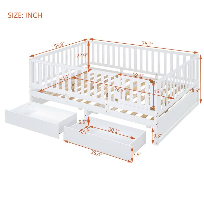 Solid Wood Daybed with Fence Guardrails and 2 Drawers, Split into Independent for Bedroom