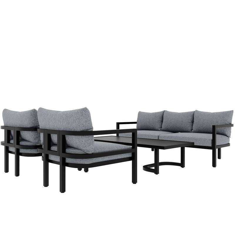5 Seats Steel Patio Furniture Set, 4 Pcs Outdoor Sectional Conversation Set with 2 Chairs and Coffee Table, Thick Cushions