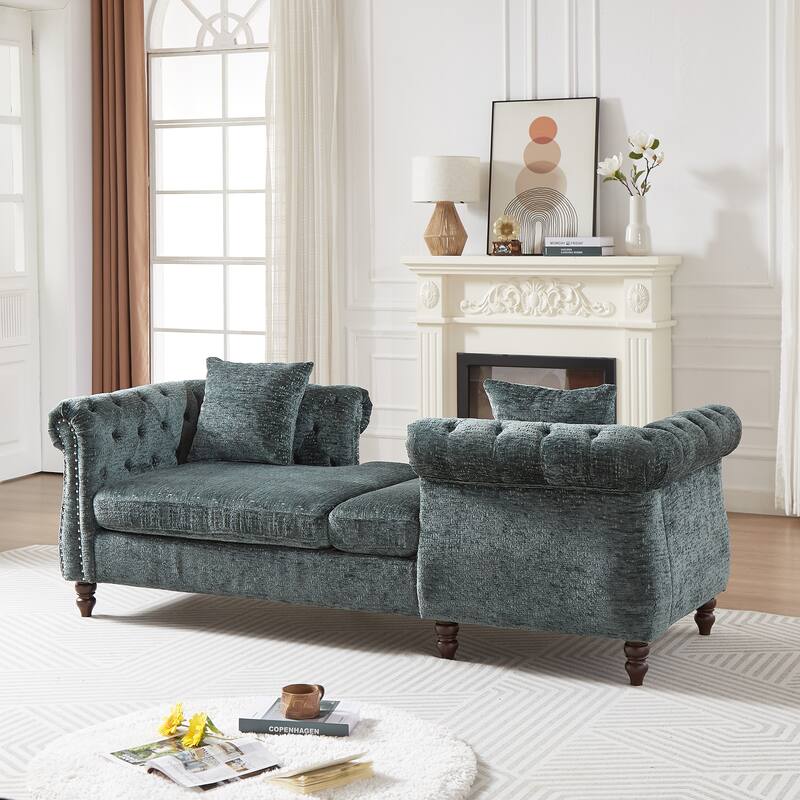 81-inch Chenille Face-to-face Chaise Lounge with Two Pillows,Nailhead trim,Button Tufted Design and Rolled Arms