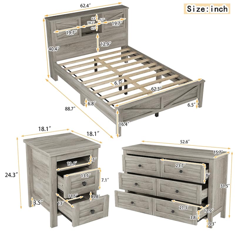Bedroom Sets Queen Size Platform Bed with Charging Station,Nightstand,Dresser(Set of 3)