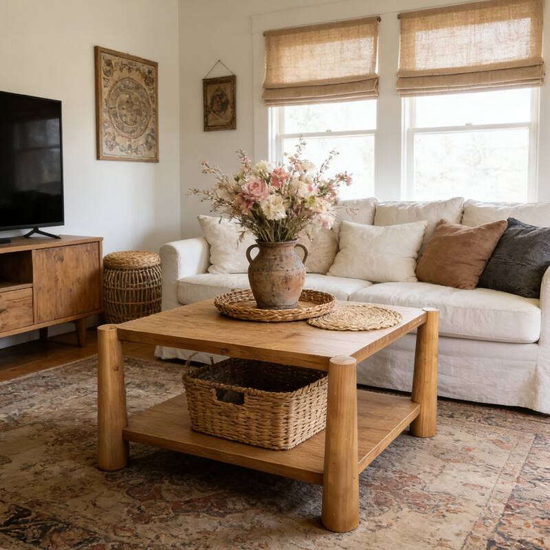34" Square Solid Wood Coffee Table, Rustic Living Room Center Table - Brown