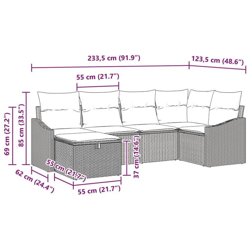 vidaXL 6/7 Garden Sofa Set with Cushions Black/Brown/Grey Poly Rattan - 91.9 x 48.6 x 27.2