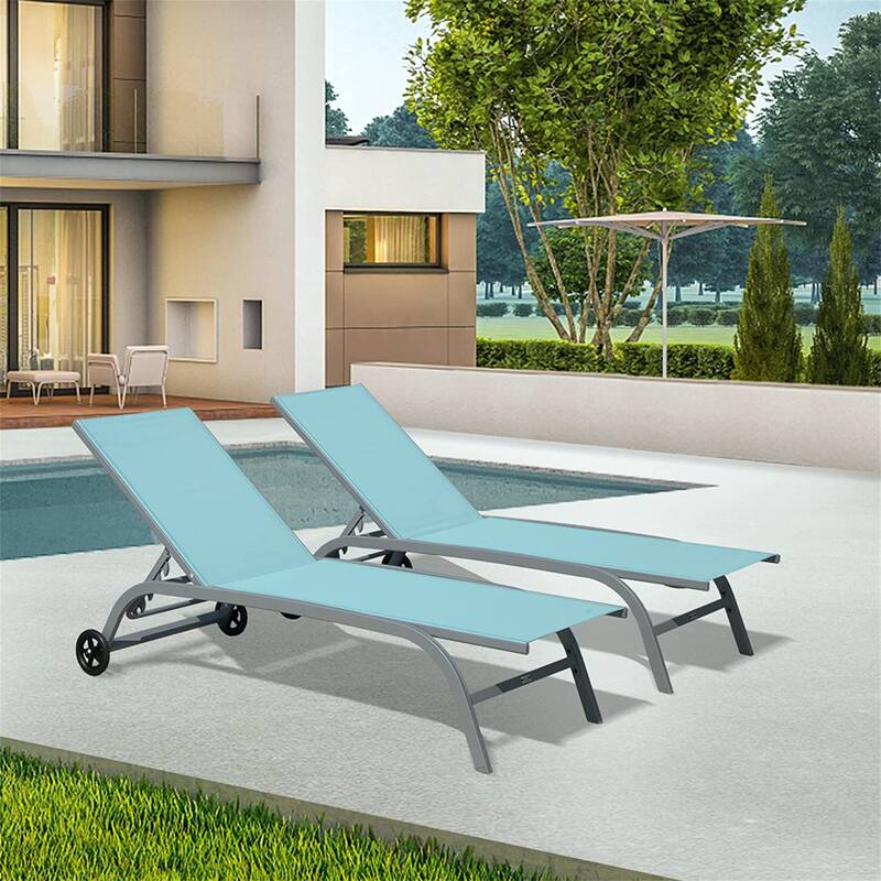Chaise Lounge Chair Outdoor Set of 2 with Wheels 5 Adjustable Position
