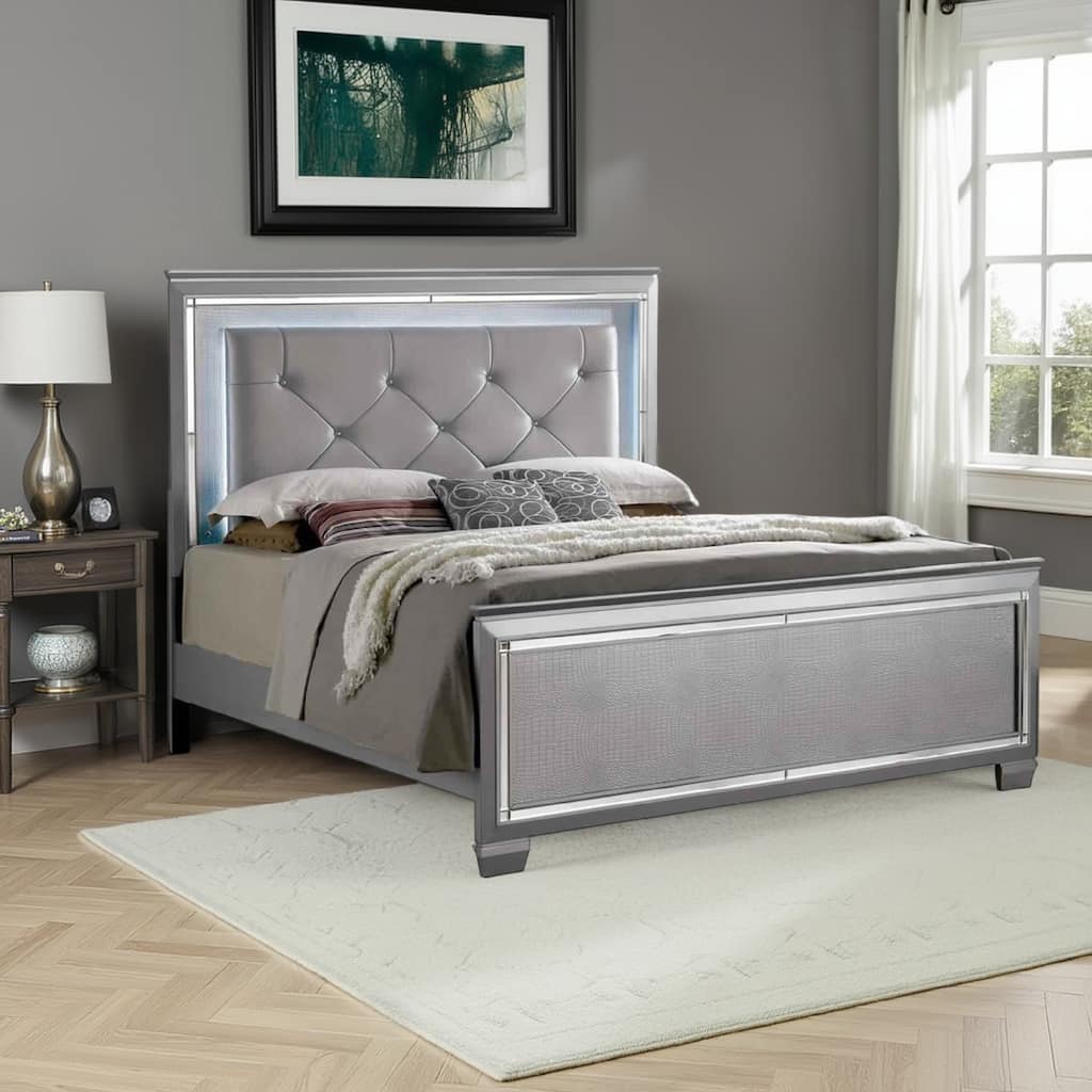 Textured Queen King Size Bed with Silver Trim Accents, Beige