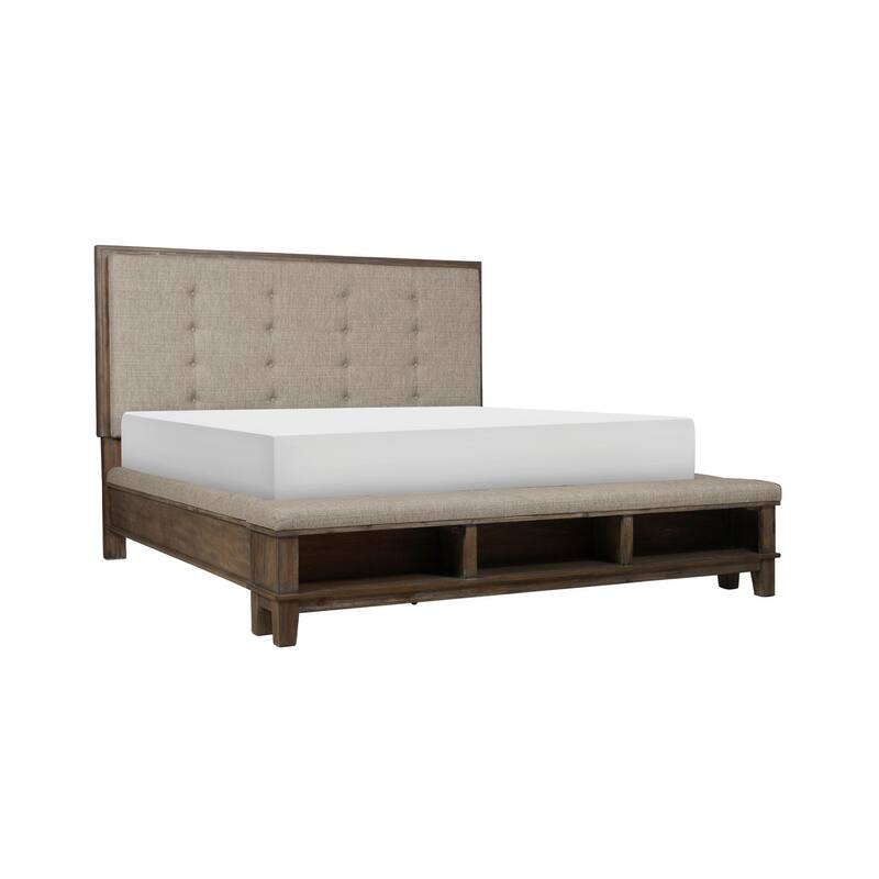 Emma 4 Piece Gray Modern Fabric Upholstered Tufted Shelves Panel Bedroom Set