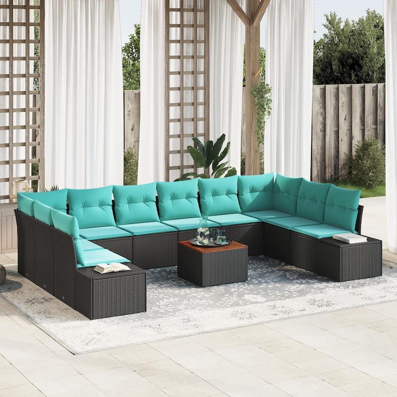 vidaXL 11 Garden Sofa Set with Cushions Black/Grey Poly Rattan - 135.4 x 82.3 x 27.2 - Black
