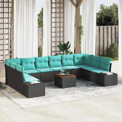 vidaXL 11 Piece Garden Sofa Set with Cushions Black Poly Rattan Acacia - 135.4×82.3×27.2
