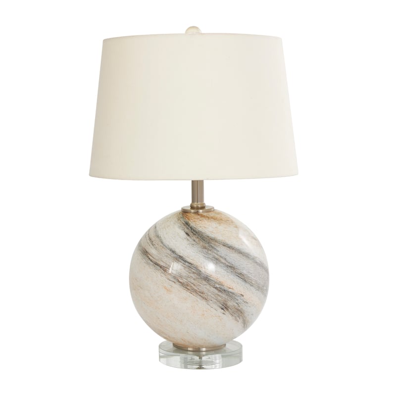 Beige Glass Round Accent Lamp with Marble Inspired Design and Gold Accents
