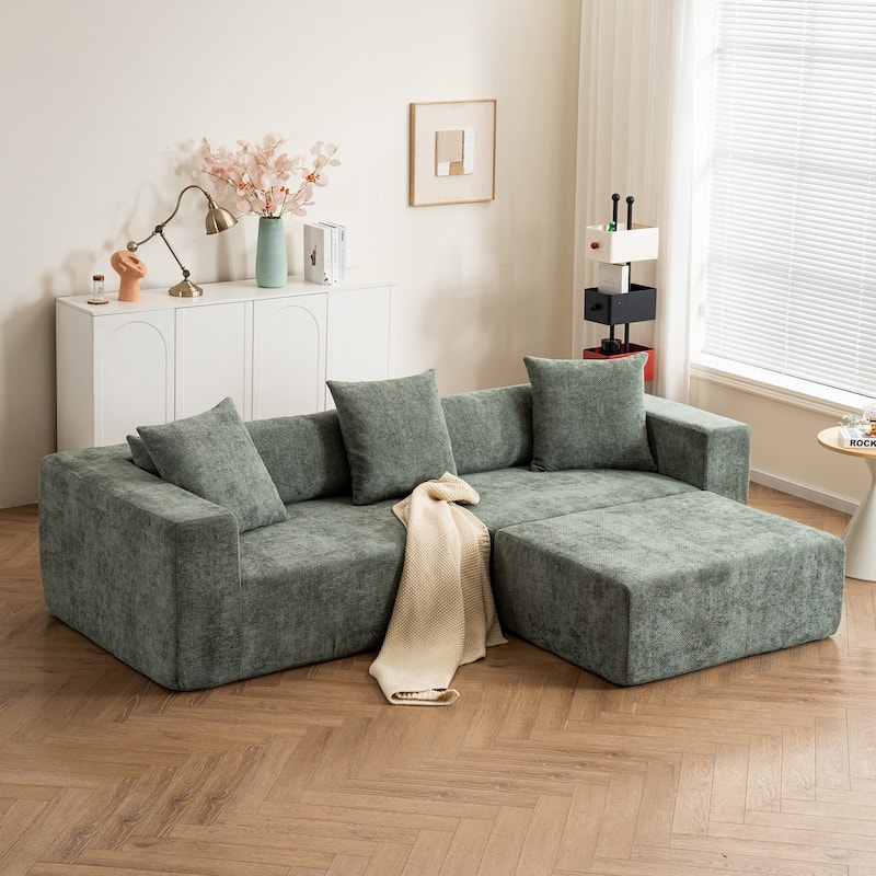Modular L-Shaped Cloud Sofa, Soft Chenille Cushion, No Assembly Needed - Green
