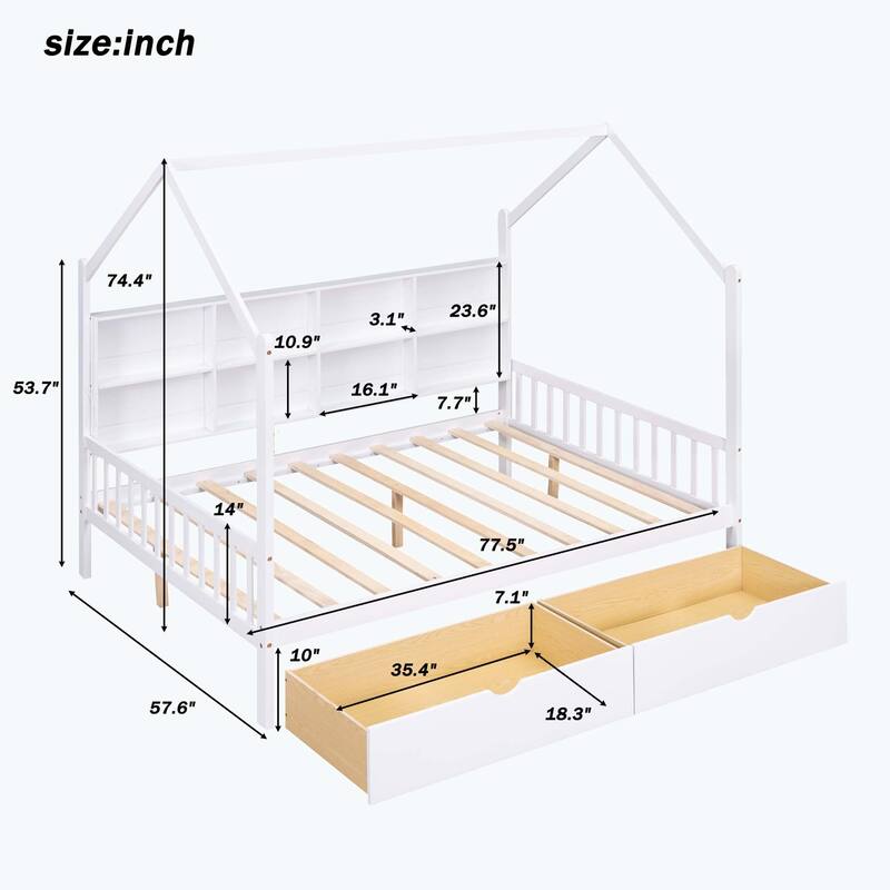 Comfortable Wooden House Bed with 2 Drawers,Kids Bed with Storage Shelf