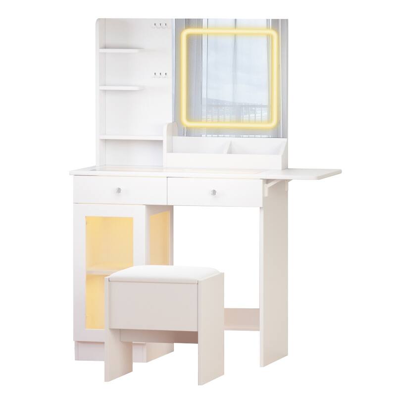 Vanity Desk with Glass Top, 3 Colors LED Lights & Mirror, Small Dressing Table with Power Outlet, 2 Drawers & Cabinet