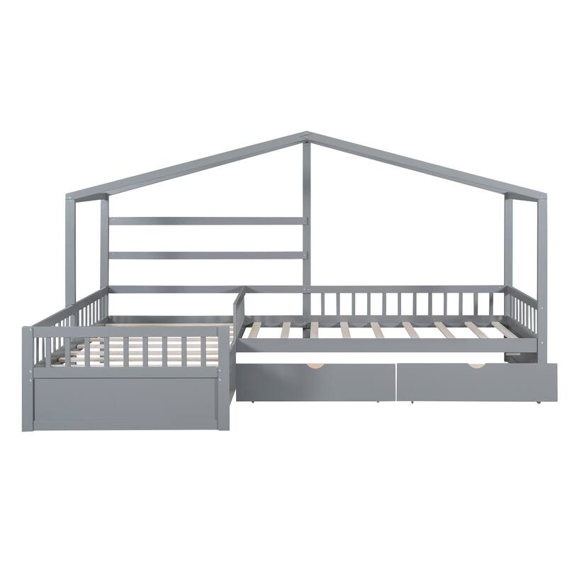 L-Shape Double Twin Size Pine Wood House Platform Bed with 3 Storage Drawers