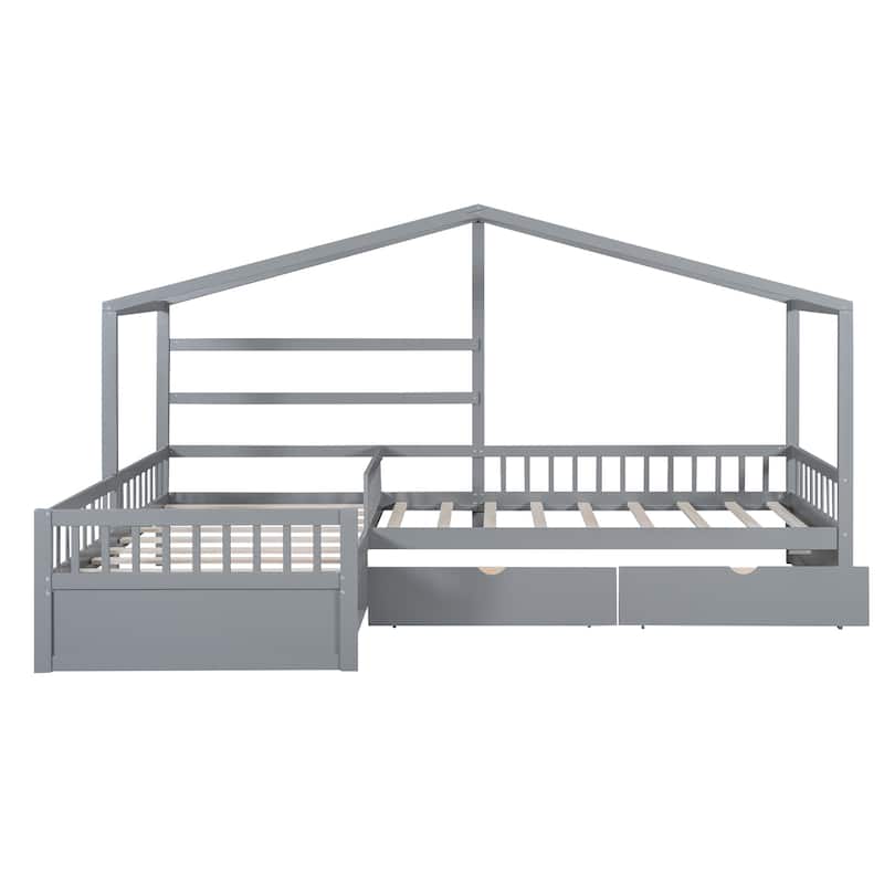 Twin Size House Bed Wood L-Shaped Platform Bed with 3 Storage Drawers