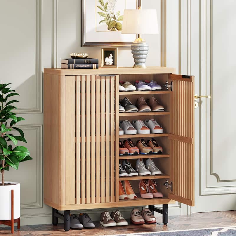 6-Tier Shoe Storage Cabinet with Louvered Doors for Living Room - Light Brown