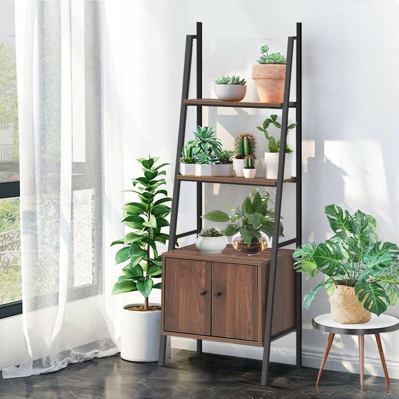 3-Tier Ladder Shelf Metal Frame Bookcase with Cabinet for Storage - 20.5" x 15.5" x 63" - Black-Brown