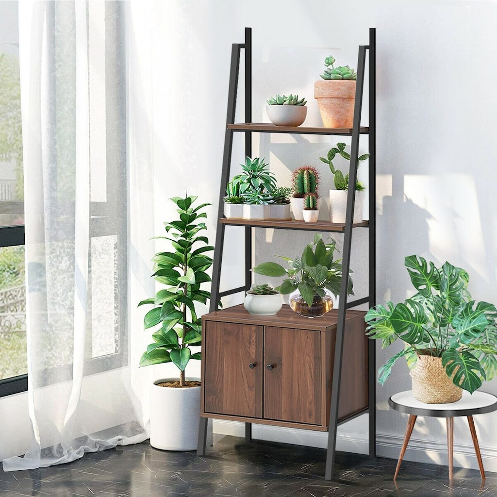 3-Tier Ladder Shelf Metal Frame Bookcase with Cabinet for Storage - 20.5" x 15.5" x 63"