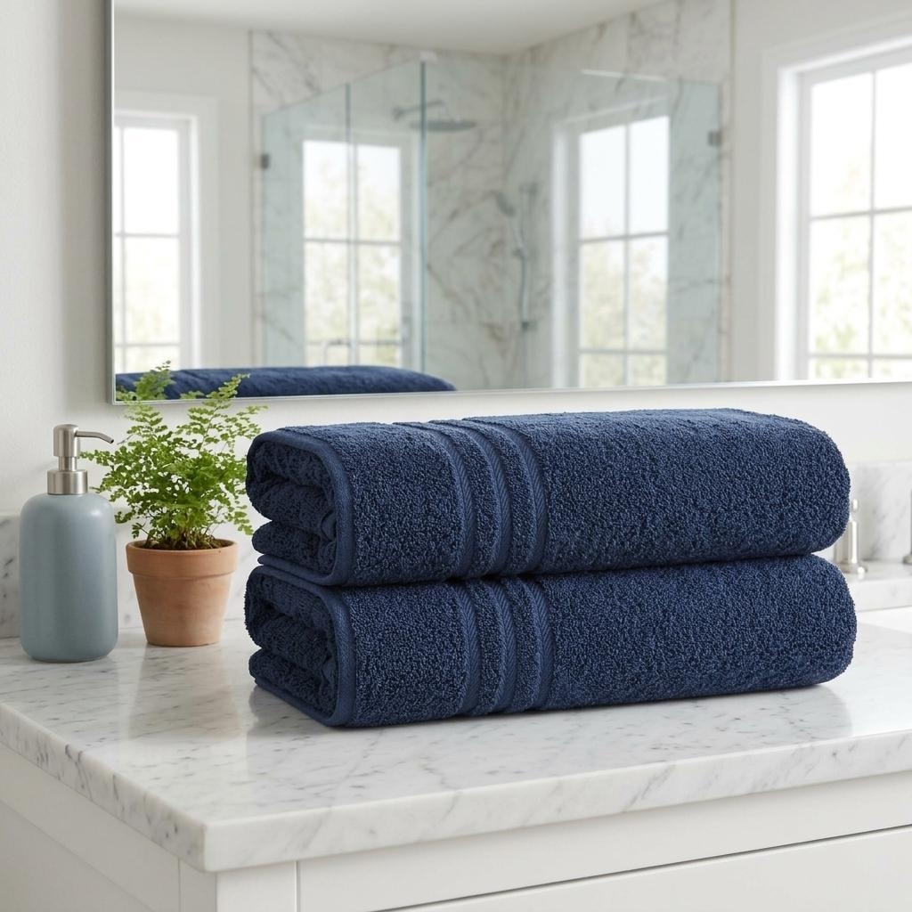 HomeRoots Set of Two Navy Blue Turkish Cotton 27" X 54" Bath Towels