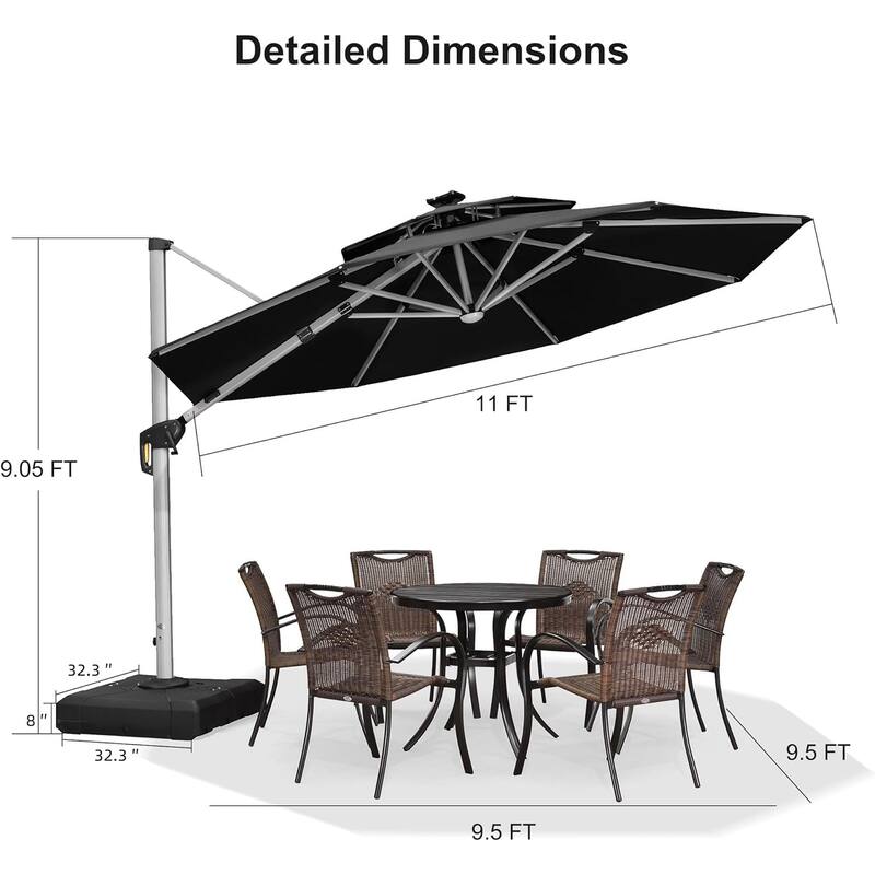 PURPLE LEAF 10/11/12ft Round Double Top LED Patio Cantilever Umbrella with Base