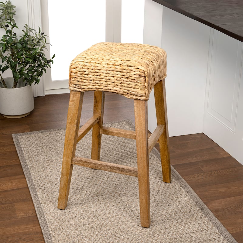 Swayze Rustic Bohemian Hyacinth/Wood Backless Bar Stool, by JONATHAN Y - Bar Height - Natural