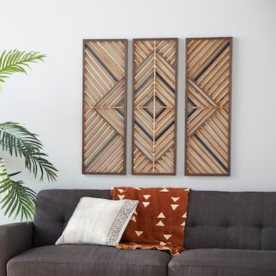 Brown Wood Slatted Wood Design Geometric Wall Decor (Set of 3)