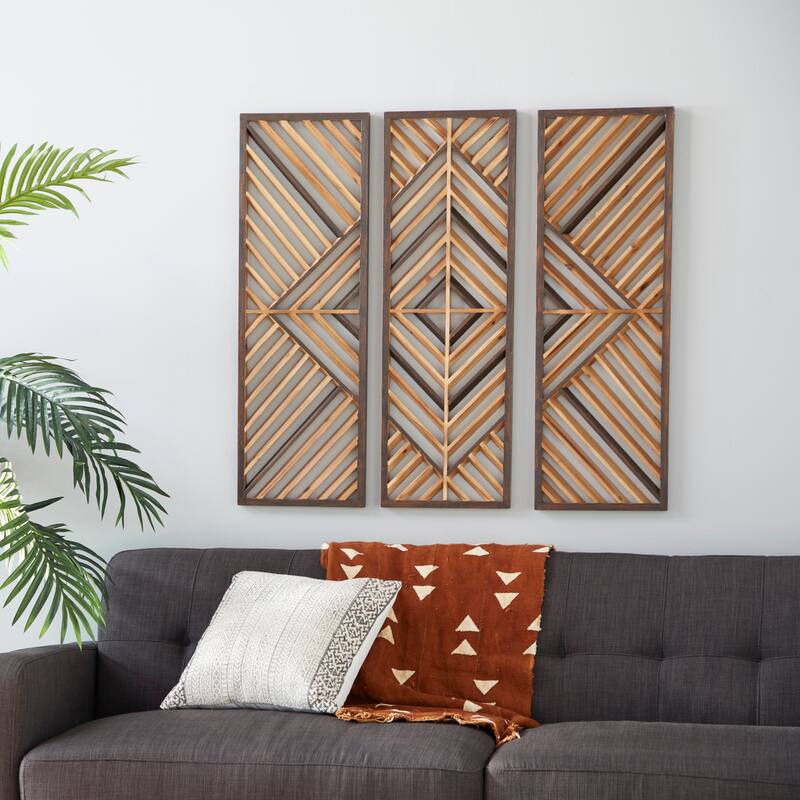 Wood Geometric Slatted Wood Design Wall Decor - Set of 3 Brown - Roche River Decor