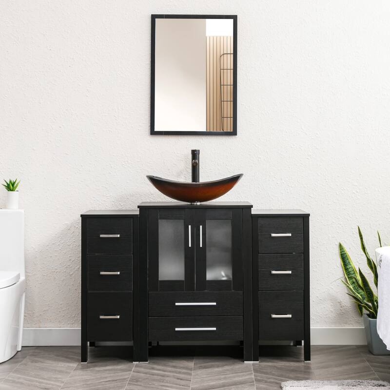 48" Bathroom Vanity Set Vessel Sink Mirror Faucet W/ Small Cabinet Combo - Glass gold boat sink - Black