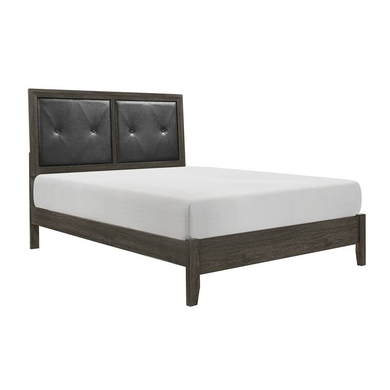 Din Full Size Bed, Button Tufted Faux Leather Upholstery, Gray Wood Veneer