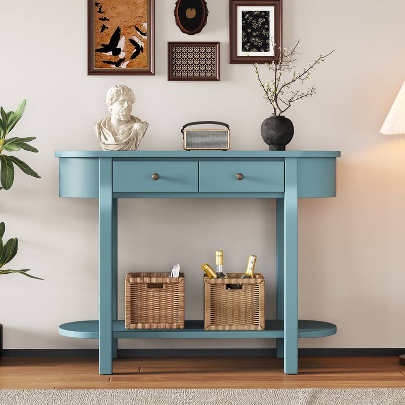 Curved Console Table with 2 Storage Drawers and Metal Handles, Wooden Hallway Tables Entryway Table wOpen Storage Shelf