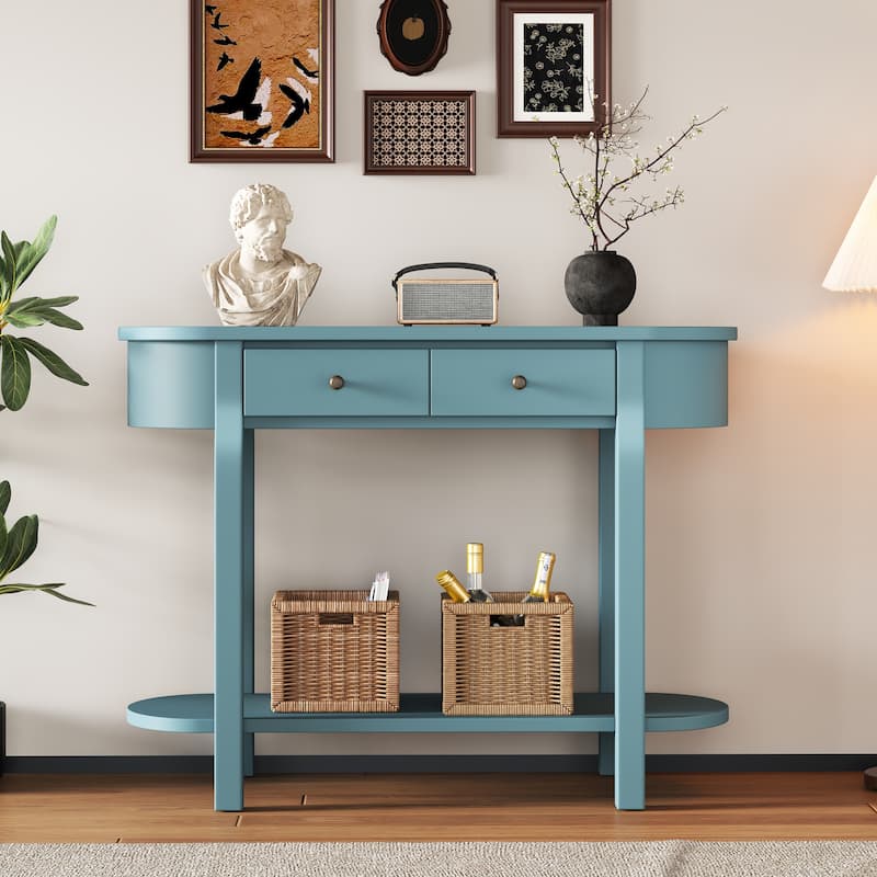 Solid Wood Narrow Console Table with Curved Top Design, 40" Storage Entryway Sofa Table with 2 Drawers and Open Shelves