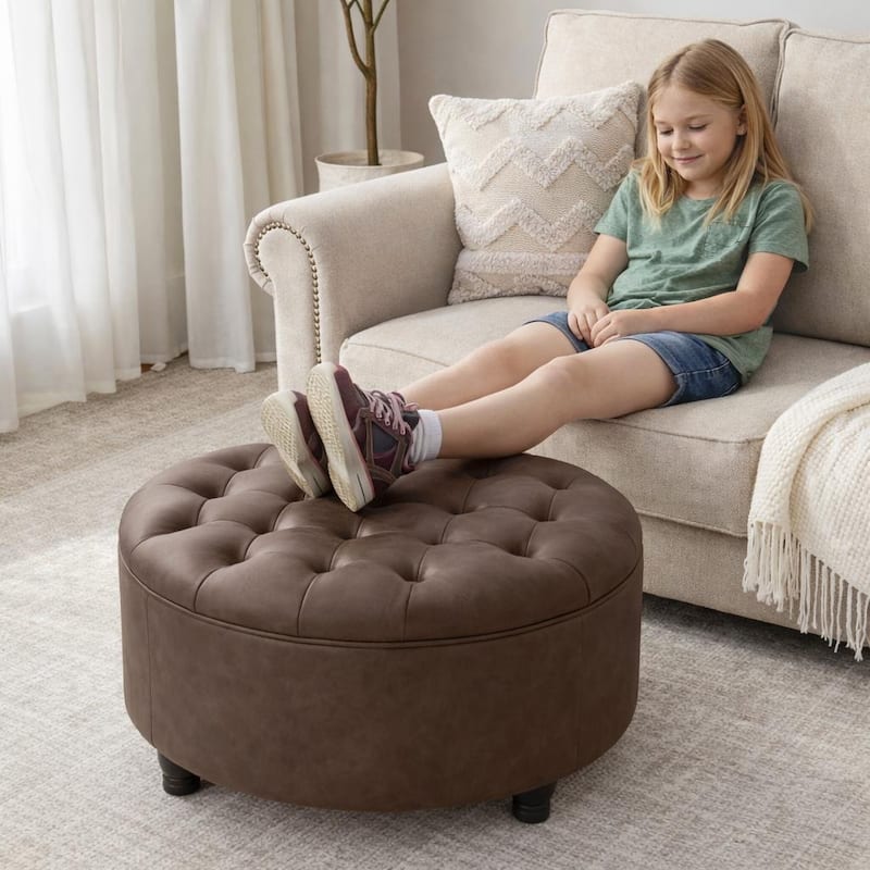 Tufted Round Storage Ottoman, Faux Leather
