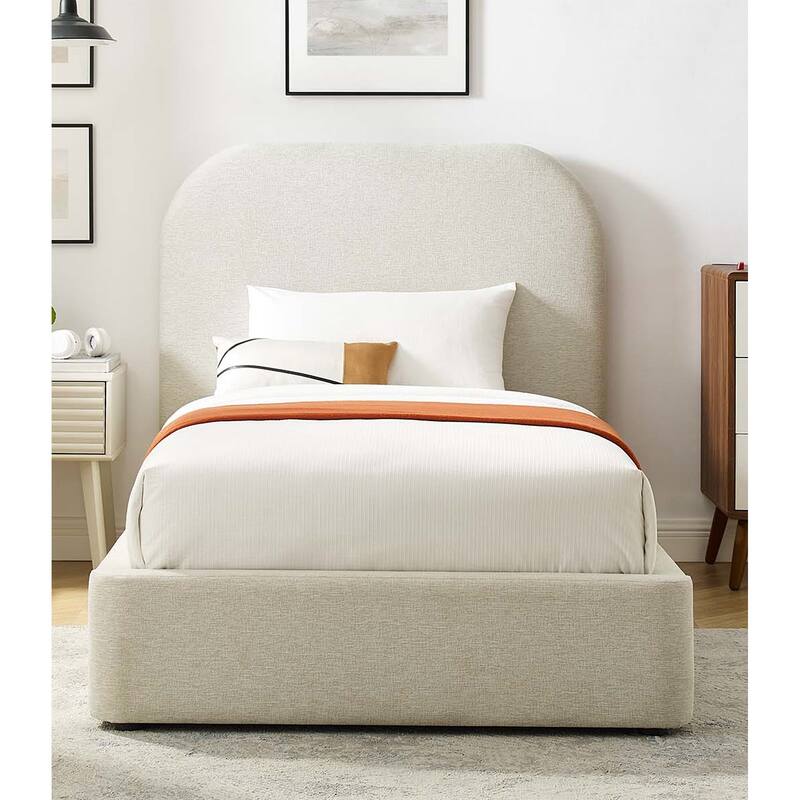 Hillsway Modern Curved Headboard Ivory Fabric Upholstered Twin Size Platform Bed