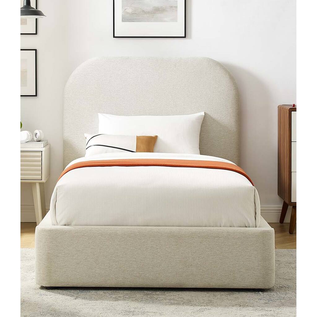 Hillsway Modern Curved Headboard Ivory Fabric Upholstered Twin Size Platform Bed