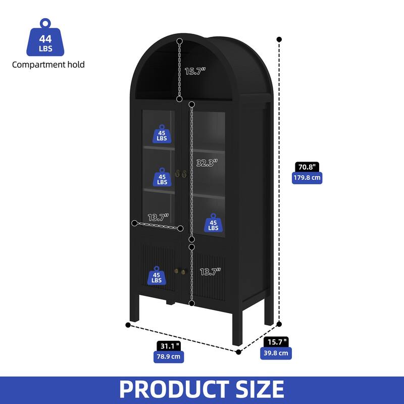 Moasis 71 Inch Tall Arched Display Cabinet with LED Lighting and Glass Doors for Living Room or Dining Room Storage