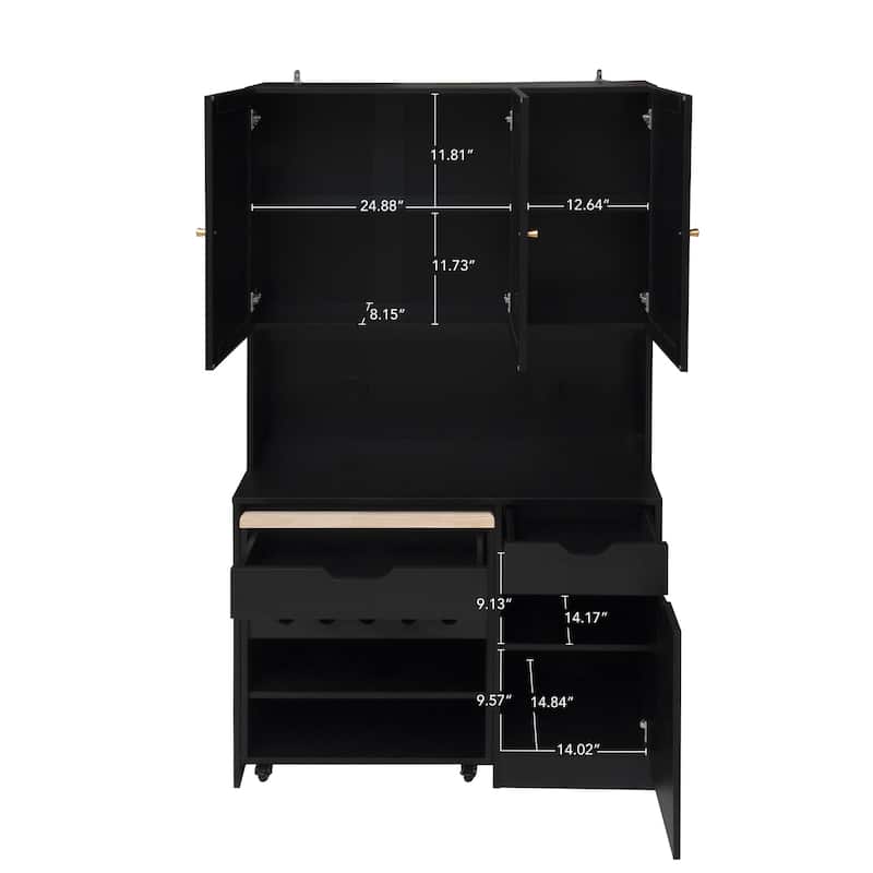 Roomfitters Modern Buffet Cabinet with Hutch, Kitchen Pantry Storage Cabinet with Cart and Rattan Doors, Black