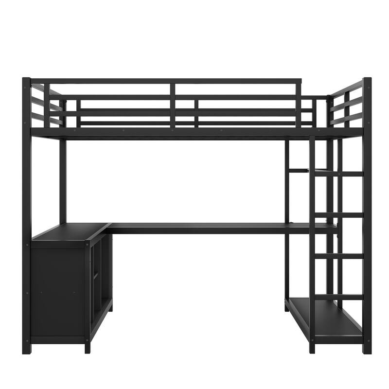 Roomfitters Metal Loft Bed with Wardrobe and L-Shaped Desk, Storage Shelves, Black