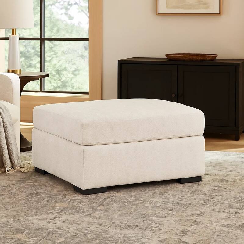 Akon Oversized Ottoman, Modern Plush Ivory Polyester 39 Inch Square
