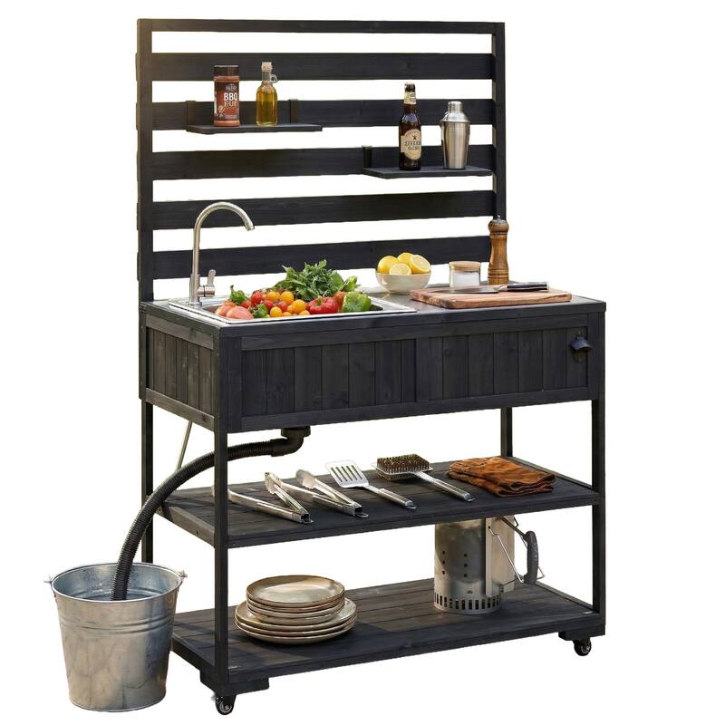 Roomfitters 41.7" Garden Potting Bench with Sink, Rolling Outdoor Potting Table, Bottle Opener, Storage Shelves, Hutch
