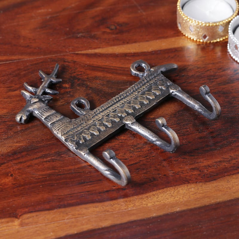 Novica Handmade Palatial Reindeer Brass Key Rack