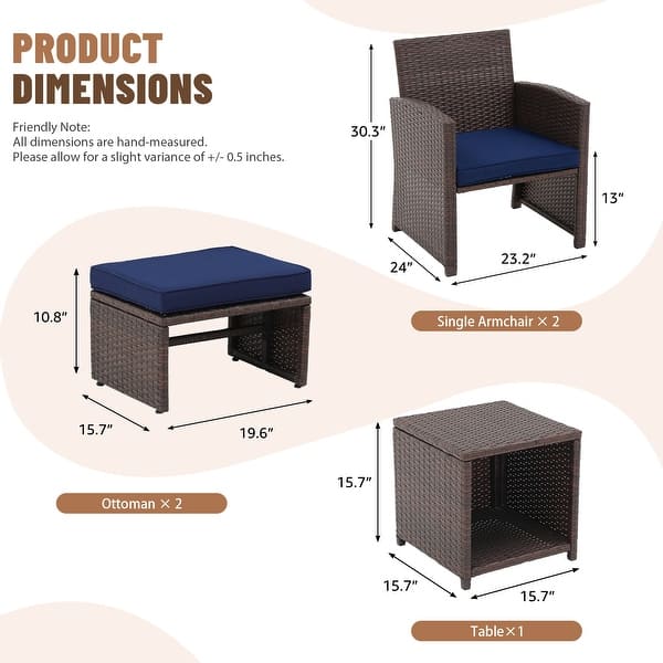 dimension image slide 0 of 3, 5-Piece Outdoor Wicker Patio Furniture Set, PE Rattan Conversation Set with 2 Armchairs, 2 Ottomans, 1 Side Table & Cushions