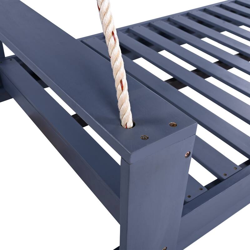 Twin Size Porch Swing Bed Seating Group, Patio Acacia Wood Swing Frame with Hemp Ropes for Garden, Backyard