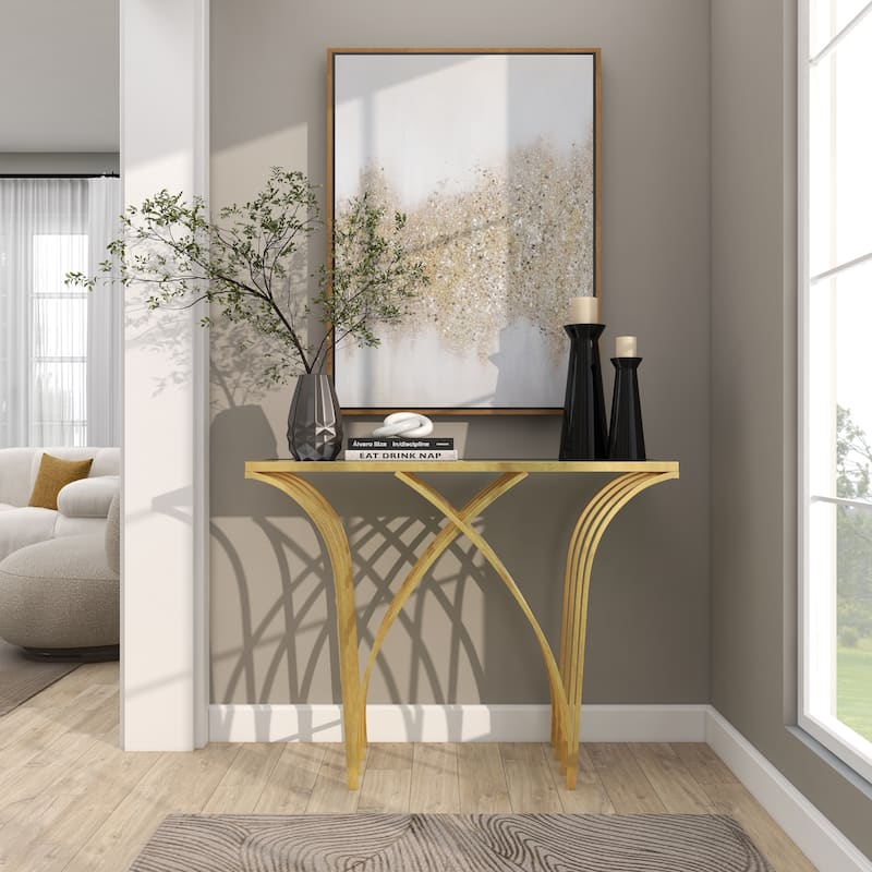 Gold Metal Geometric Console Table with Mirrored Glass Top